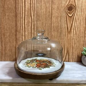 Vintage MCM Goodwood Glass Dome with Ceramic Spice of Life & Wooden Base